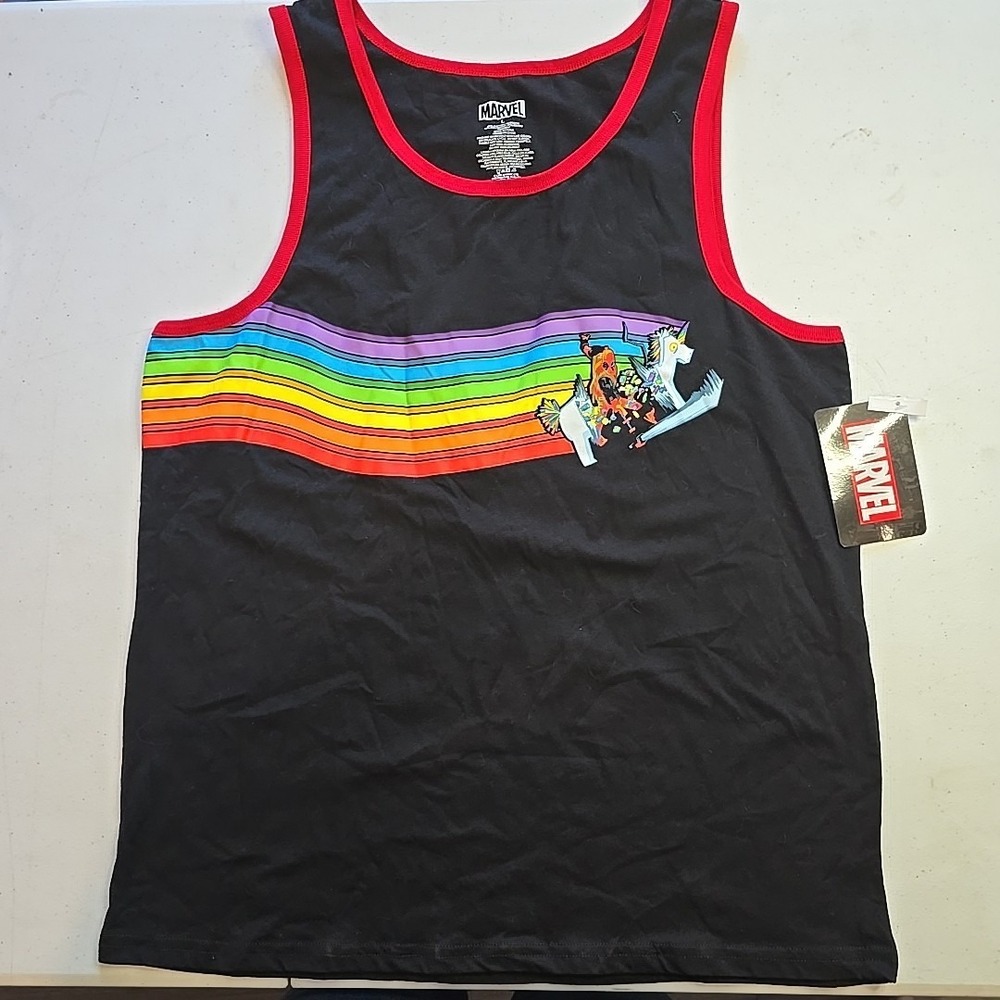 Marvel Deadpool Tank Top Men's Sleeveless Rainbow‎ Pride Shirt Black Size Large
